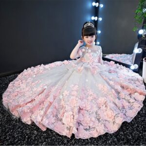 Pink Princess Quinceanera Dresses 3D Flowers Puffy Sleeves Ball Gown Sweet 15 161