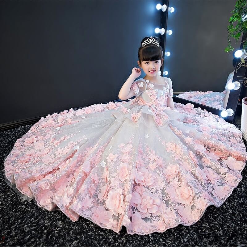 Pink Princess Quinceanera Dresses 3D Flowers Puffy Sleeves Ball Gown Sweet 15 161